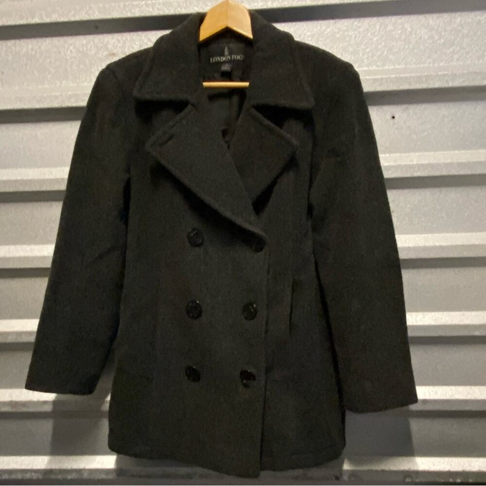 London Fog‎ women’s dark grey wool mid thigh double breasted pea coat